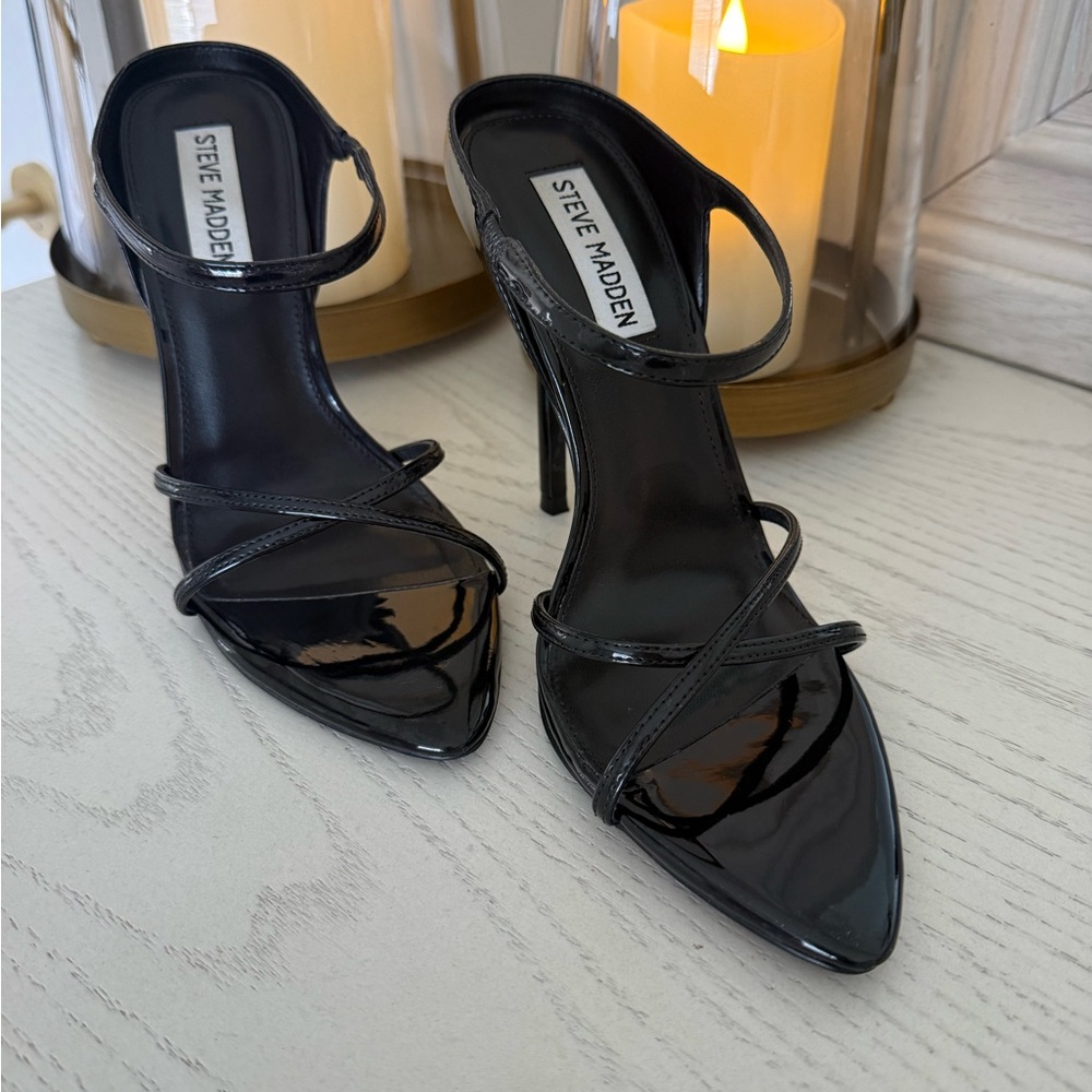 Steve Madden black patent Stunner strappy heels